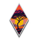 Retro Tree Horizon – Diamond Shaped Sunset Silhouette Canvas Embossed Print with Bold Colors and Stylized Nature Illustration
