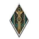 Emerald Axis Radiance – Diamond Shaped Canvas Embossed Print in gold green teal art deco, luxury retro wall accent with celestial symmetry