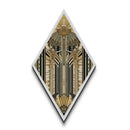 Empire Art Deco – Diamond Shaped Canvas Textured Print with golden structural symmetry, skyscraper inspired vertical abstract vintage glam