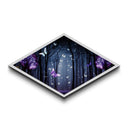 Enchanted Forest Glow – Diamond Shaped Canvas Art Print with glowing butterflies, dreamy purple woodland, fantasy wall decor, nightscape art