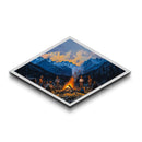 Campfire Cowboys – Diamond Shaped Canvas Art Print western rustic painting mountain landscape cowboy lodge living room Americana decor