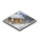 Winter Cabin Cheer – Diamond Shaped Canvas Textured Print snowy log cabin Christmas rustic winter holiday home decor cozy forest scene