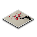 Crimson Blossom Flow Diamond Shaped Canvas Art Print Cherry Tree Japanese Ink Painting Nature Wall Decor Office or Bedroom Accent Piece