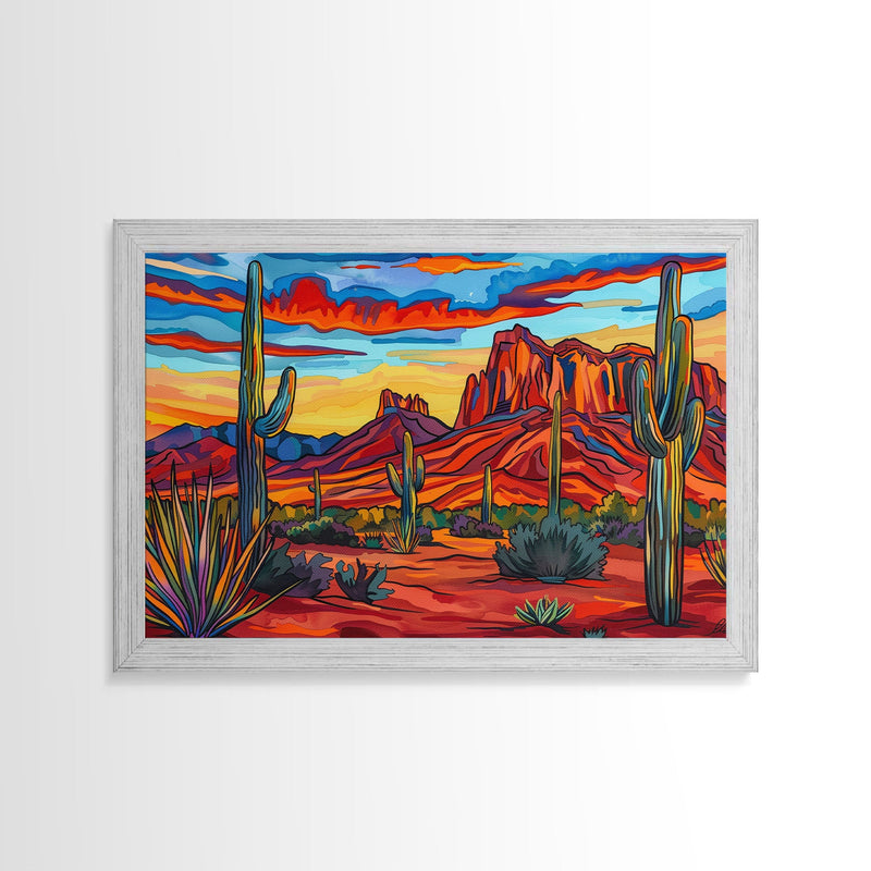 Retro Style Desert Landscape Painting Print, Pop Art, Farmhouse Decor,