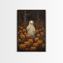 Fall Omens - Spooky Ghost In A Pumpkin Patch, Halloween Decor, Fall Art, Framed Canvas Print, Spooky Halloween Decor