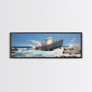 Man Vs. Ocean, Tugboat Crashing On The Rockets, Framed Canvas Print, Nautical Decor, Nautical Centerpiece