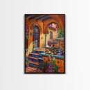 Colorful Mediterranean Courtyard Framed Canvas Print Spanish Tile Art Best Gift Idea Home Decor Above Sofa Wall Art Bright Seasonal Decor