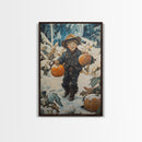 Cowboy Christmas Decor Framed Canvas Print with Pumpkin in Snow, Rustic Holiday Home Wall Art and Seasonal Gift Idea 2024