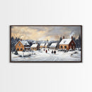 Snowy Village Church Scene, Rustic Christmas Landscape Wall Art, Winter Wonderland Framed Canvas Print, Country Holiday Home Decor