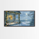 Rustic snowy mountain cabin with Christmas lights, Framed Canvas Print a cozy winter scene, perfect for winter wonderland wall decor