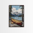 Canoe in the Mountains Framed Canvas Print, Abstract Pacific Northwest Oil Painting Print, Oregon or Washington Wall Art