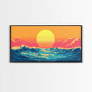 Retro Sunset Over The Ocean, Framed Canvas Print, Beautiful Synthwave Horizontal Wall Art