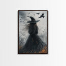 The Witch and her Crows, Framed Canvas print, Spooky Season Halloween Wall Art, Gothic Home Decor, Witch Wall Art, Halloween Art