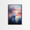 Vaporwave Sail Boat at Sunset, Framed Canvas Print, Retro Sail Boat Painting