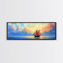 Japanese Sailboat on a Calm Sea, Framed Canvas Print, Panoramic Seascape Landscape Painting, Nautical Home Decor, Ocean Painting
