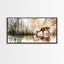 Young Doe Drinking Water In The Forest Framed Canvas Print, Painting of a Deer drinking Water, Gift for Hunter, Outdoorsman Gift, Cabin Art