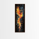 Flaming Phoenix Illustration Canvas Print, Tall Skinny Art for Bedroom Decor, Mythical Creature Wall Art with Framed Option, Space Art