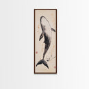 Minimalist Whale Ink Art Depicting Graceful Humpback Whale – Elegant Black and White Framed Canvas Print for Nautical or Coastal Decor
