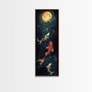 Koi Fish Under a Full Moon, Framed Canvas Print, Wabi Sabi Home Decor, Funky Boho Wall Art, Tall Skinny Art, Narrow Tall Wall Art