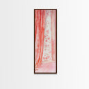 Curtain Reflection Canvas Print, soft floral vintage curtain painting with romantic pink tones, elegant tall skinny wall art for bedroom.