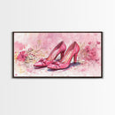 Pink Heels Painting Framed Canvas Print, Feminine Art Gift Idea, Light Pink Wall Art, Cottagecore Decor, Rustic Original Artwork