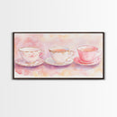 Vintage Tea Cups Artwork with Pink Wall Art Vibes on Framed Canvas Print, Cottagecore Style Kitchen or Dining Room Decor Gift