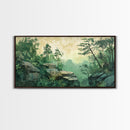 Green Forest Serenity Framed Canvas Print with Mountain Landscape Art and Sage Green Wall Art Perfect Living Room Rustic Decor