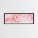 Crescent Moon with Stars Painting, Canvas Print, Light Pink Whimsical Wall Art, Nursery Aesthetic Artwork, Minimalist Cozy Decor