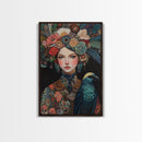 Goddess Art Framed Canvas Print Featuring Whimsical Floral Headdress and Bird Art, Boho Bedroom Art with Vibrant Chinoiserie Vibes