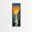Sunset River, mountain painting, vertical wall art, nature art, framed canvas print, above sofa art, extra wide art, rustic decor