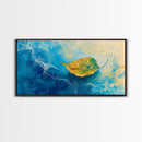 Leaf in Water, blue and green wall art, coastal decor, wabi sabi art, extra wide art, panoramic painting, Canvas Print, gift idea