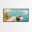 Wooden dock, rowboat, lake, marsh painting, fisherman painting, coastal decor, rustic wall art, framed canvas print, guest room art