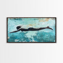 Woman Swimming, teal wall art, moody art, minimalist art, extra wide art, coastal decor, beach house art, Canvas Print