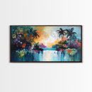 Tropical Sunset, Canvas Print, palm tree painting, coastal decor, wildflower painting, extra wide art, beach wall art
