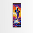 Dolphin Jump, Ocean Sunset Art, Framed Canvas Print, Vibrant Marine Life, Coastal Home Decor, Sea Animal Art, Beach House Wall Art
