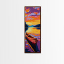 Wooden Canoe, Sunset Waters, Framed Canvas Print, Boho Wall Art, Lakehouse Decor, Vibrant Nature Painting, Living Room Artwork