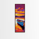 Wooden Boat, Sunset Reflection, Tranquil Lake, Water Art, Framed Canvas Print, Rustic Decor, Nautical Theme, Bedroom Wall Art