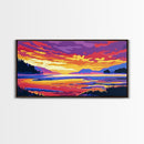 Serene River Sunset, Framed Canvas Print, Peaceful Landscape Art, Vibrant Nature Painting, Cabin Decor, Boho Aesthetic, Office Art