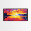 Lake Sunset Reflection, Framed Canvas Print, Serene Water Art, Vibrant Landscape Painting, Peaceful Nature Scene, Living Room Wall Decor