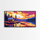 Cabin Lake, Sunset Reflection, Framed Canvas Print, Cozy Cottage Wall Art, Nature Landscape Painting, Fall Vibes, Living Room Art