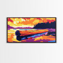 Floating Log, Sunset Water, Framed Canvas Print, Tranquil Lake Scene, Rustic Wilderness Art, Cabin Wall Decor, Home Artwork, Bedroom Art