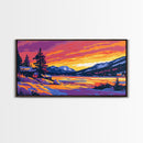 Snowy Sunset, Cabin Art, Winter Landscape, Cozy Lodge Decor, Scenic Mountain View, Rustic Living Room, Framed Canvas Print