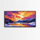 Frozen River, Mountain Sunset, Winter Landscape, Nature Wall Art, Cozy Home Aesthetic, Seasonal Framed Canvas Print