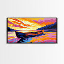 Canoe Sunset, Lake Reflection, Peaceful Nature Scene, Wilderness Wall Art, Tranquil Home Decor, Framed Canvas Print