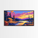 Log Cabin, River Sunset, Cozy Home Decor, Vibrant Nature Art, Framed Canvas Print, Rustic Wall Artwork, Mountain Scene