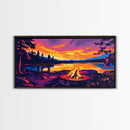 Campfire, Lake Sunset, Cozy Cabin Art, Vibrant Nature Scene, Framed Canvas Print, Outdoor Adventure Art, Rustic Home Decor