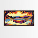 Hammock View, Relaxing Lake, Golden Sunset, Vibrant Home Decor, Framed Canvas Print, Boho Wall Art, Tranquil Nature Scene