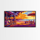 Beach Café, Vibrant Coastal Scene, Warm Color Wall Art, Sunset Patio Print, Boho Home Decor, Framed Canvas Print, Dining Room Wall Art