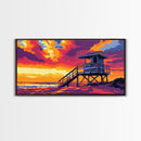 Lifeguard Tower, Beach Sunset, Coastal Landscape, Ocean Home Decor, Framed Canvas Print, Modern Wall Art, Vibrant Seaside Scene