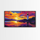 Seaside Lighthouse, Golden Sunset, Ocean Wall Art, Nautical Decor, Framed Canvas Print, Coastal Living Room Artwork, Vibrant Landscape